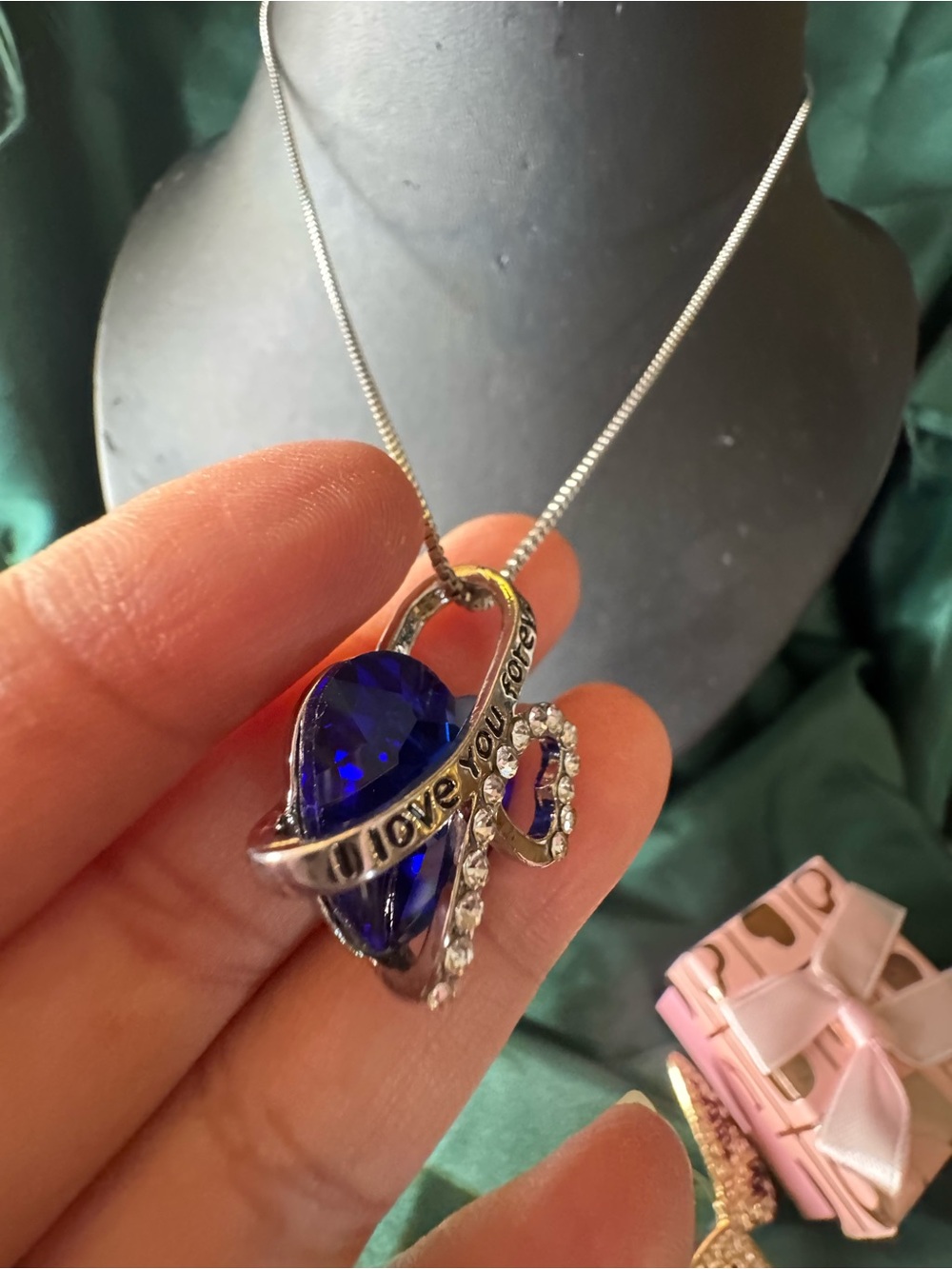 I Love You Forever Blue Teardrop Pendant Necklace